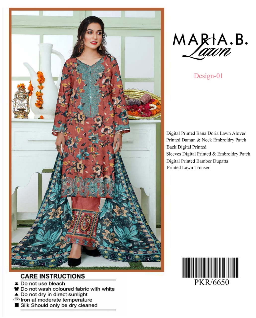 Maria B Digital Lawn All over Print with Signature Designer Patches